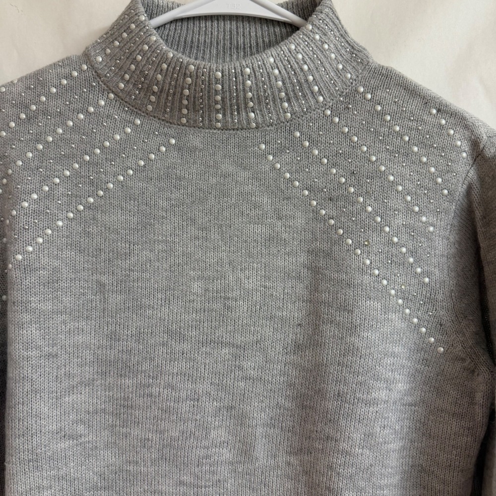 Juicy Couture Gray Y2K Mock Neck Sweater Pearls Rhinestones Embellished M